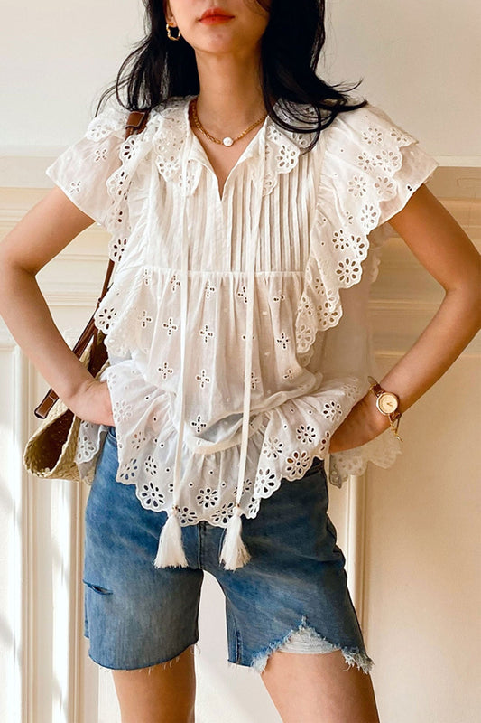 White Embroidered Lace Ruffles Sleeve Blouse