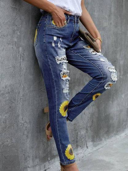 High Waist Distressed Leopard Patchwork Sunflower Print Jeans