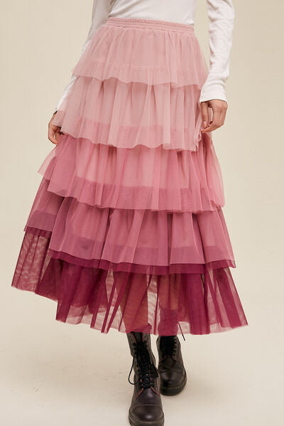 Layered Elastic Waist Tulle Midi Skirt