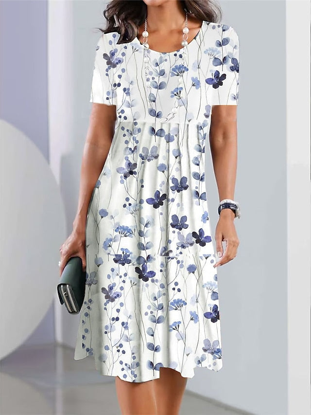 Loose Fit White Light Green Navy Blue Floral Ombre Pocket Print Midi Dress
