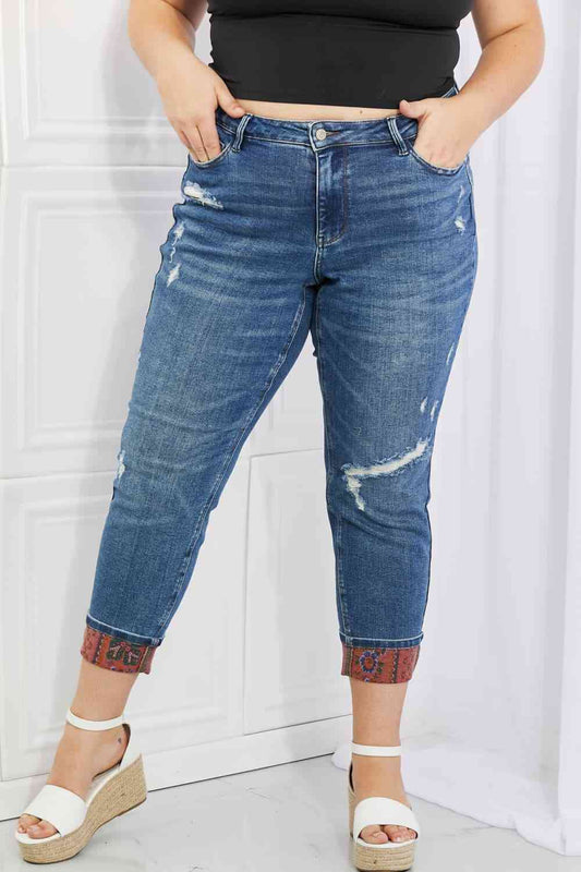 Paisley Patch Cuff Full Size Mid Rise Boyfriend Judy Blue Gina Jeans