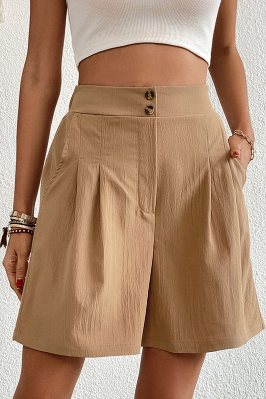 Pleated Detail Buttoned Elastic Waist Shorts