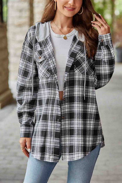 Hooded Plaid Button Up Blouse