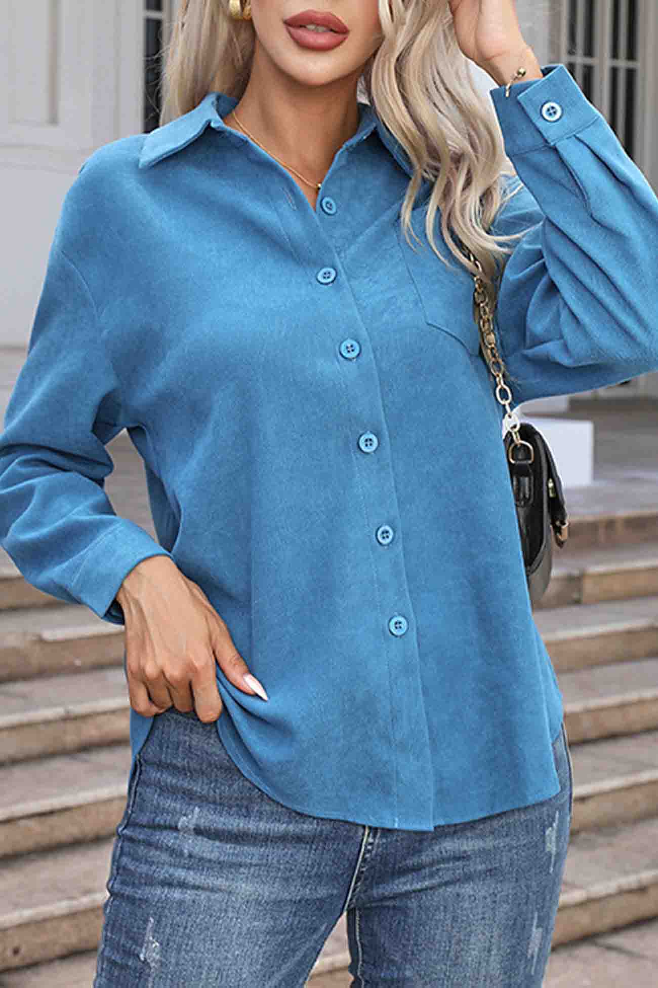 Corduroy Long Sleeve Button Up Blouse
