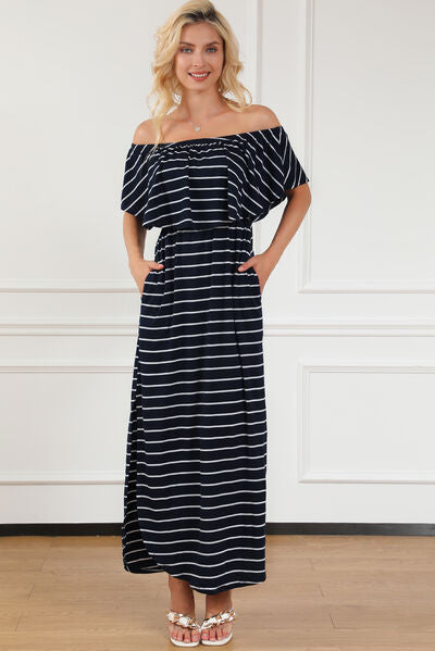 Striped Off-Shoulder Slit Maxi Dress
