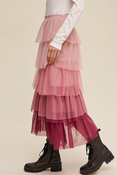 Layered Elastic Waist Tulle Midi Skirt