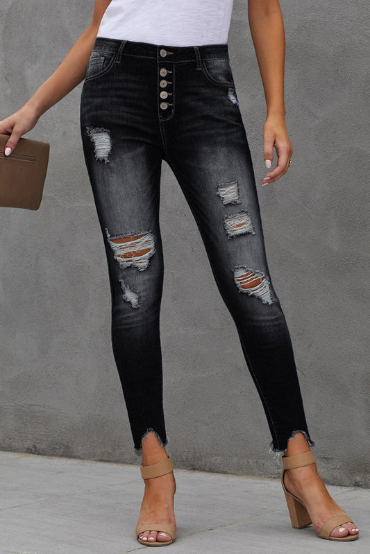 Hem Detail Ankle-Length Skinny Jeans with Button Fly
