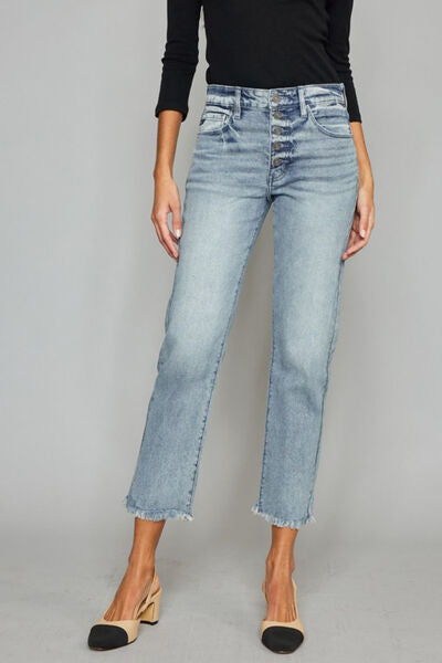 High Waist Button Fly Raw Hem Cropped Straight Kancan Jeans