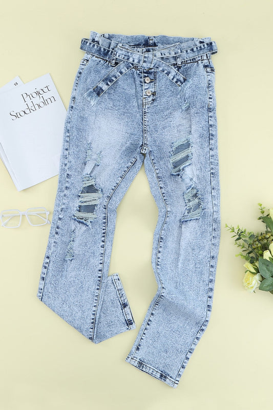 Belted Distressed Jeans with Button Fly Acid Wash