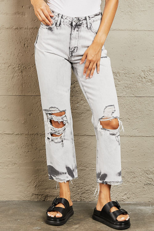 Acid Wash Cropped Mom BAYEAS Accent Jeans