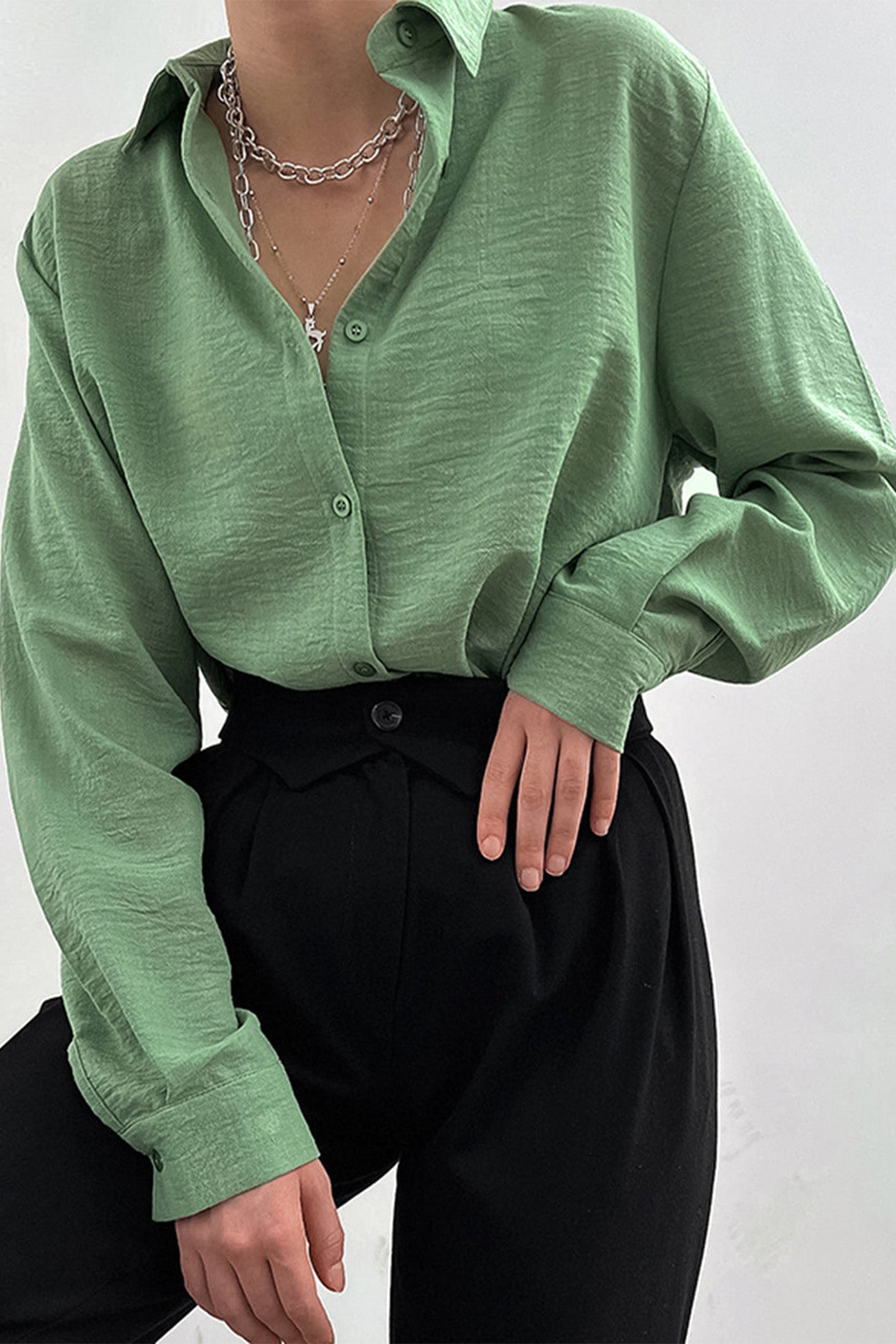 Solid Color Lapel Long Sleeve Button-Up Blouse