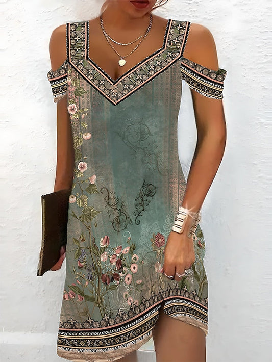 Ethnic Floral Print Cut Out V Neck Mini Dress
