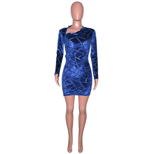 Chic Zipped Royal Blue Velvet Mini Dress