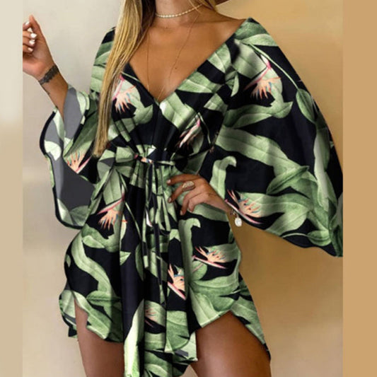 Sexy V-Neck Leaf Leopard Print Batwing Sleeve Mini Dress
