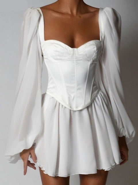 Elegant High Waist Solid White A-Line Office Lady Mini Dress
