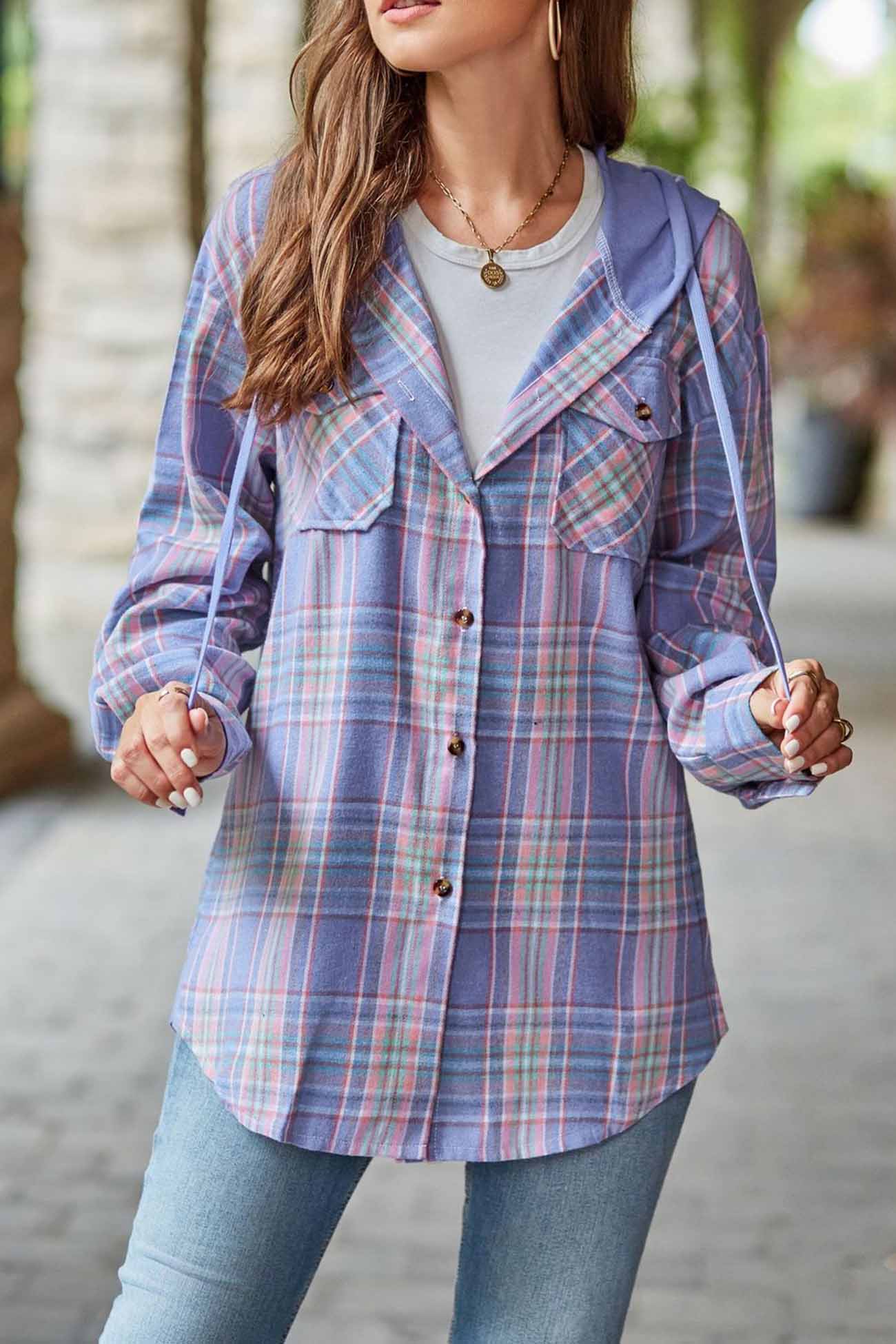 Hooded Plaid Button Up Blouse