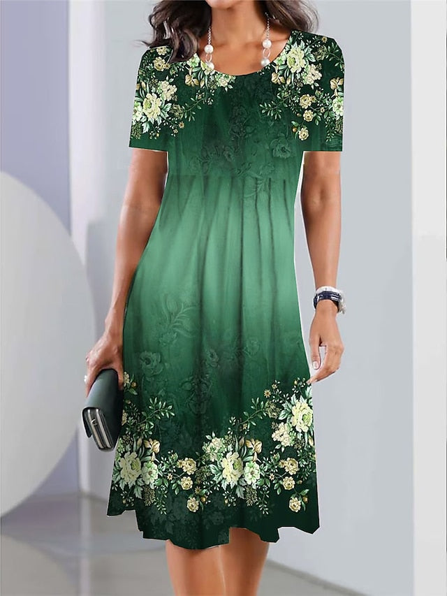 Loose Fit White Light Green Navy Blue Floral Ombre Pocket Print Midi Dress