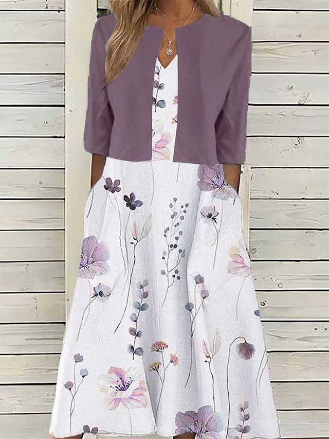 Pocket Print V Neck Half Sleeve Floral Regular Fit Pink Blue Purple Elegant Midi Dress