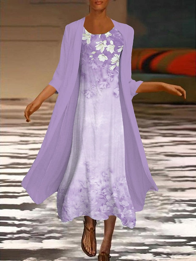 Pink Blue Purple Pocket Print V Neck Half Sleeve Floral Regular Fit Elegant Midi Dress